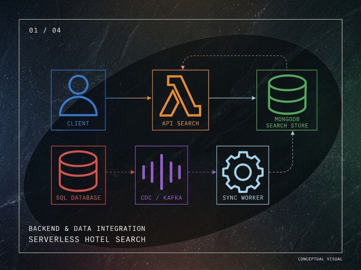 Conceptual hotel search architecture with a search path through AWS Lambda and MongoDB and a SQL to Kafka synchronization path